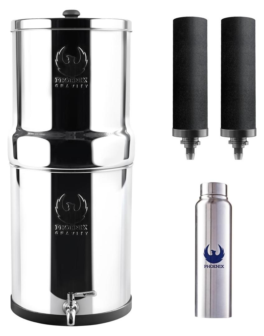 Wasserfilter Gravitationsfilter Wasserfiltersystem - Edelstahl - 8 Liter - Mit 2 Aktivkohlefiltern