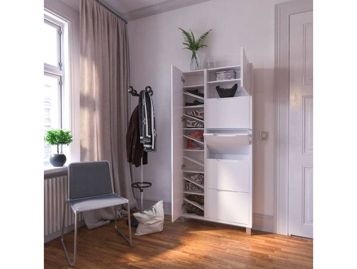 Schuhschrank 85 x 185 x 17cm Spiegeltür links Weiß/Weiß