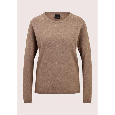 Longpullover MADELEINE "Pullover Strickpullover mit Blütensteinen", Damen, Gr. 34, taupe, melange, Modern, regular fit, Pullover Longpullover