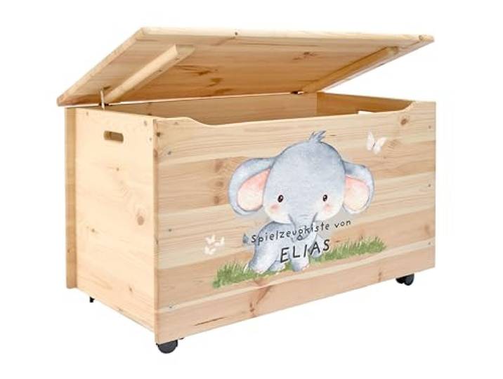 Pinus Spielzeugkiste personalisierbar 90x48x51 cm mit Deckel Rollen Kiefernholz, Wunschname personalisiert, große Aufbewahrung, für Spielzeug Decken Erinnerungen, Kinderzimmer Geschenk Geburt