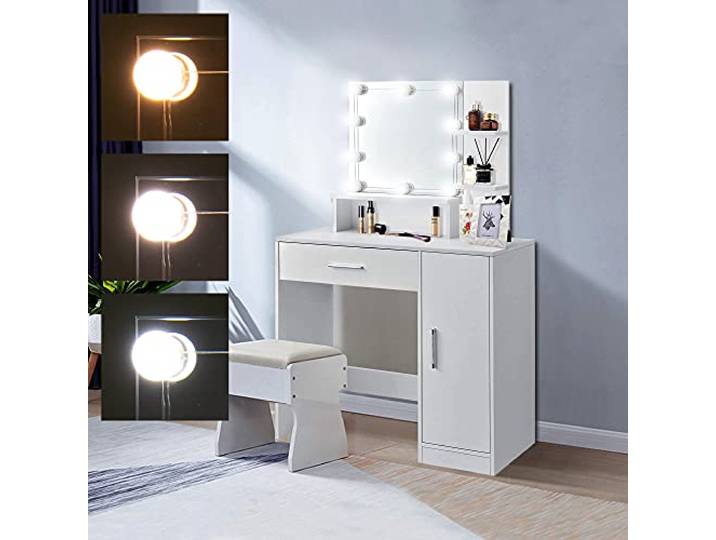 ML-Design Schminktisch Weiß, Frisiertisch mit LED-Beleuchtung, Spiegel, 1 Schublade, 3 Fächer & Schrank, 90x38x137 cm, Kosmetiktisch für Damen und Mädchen, Frisierkommode aus MDF Holz, Make-up Tisch