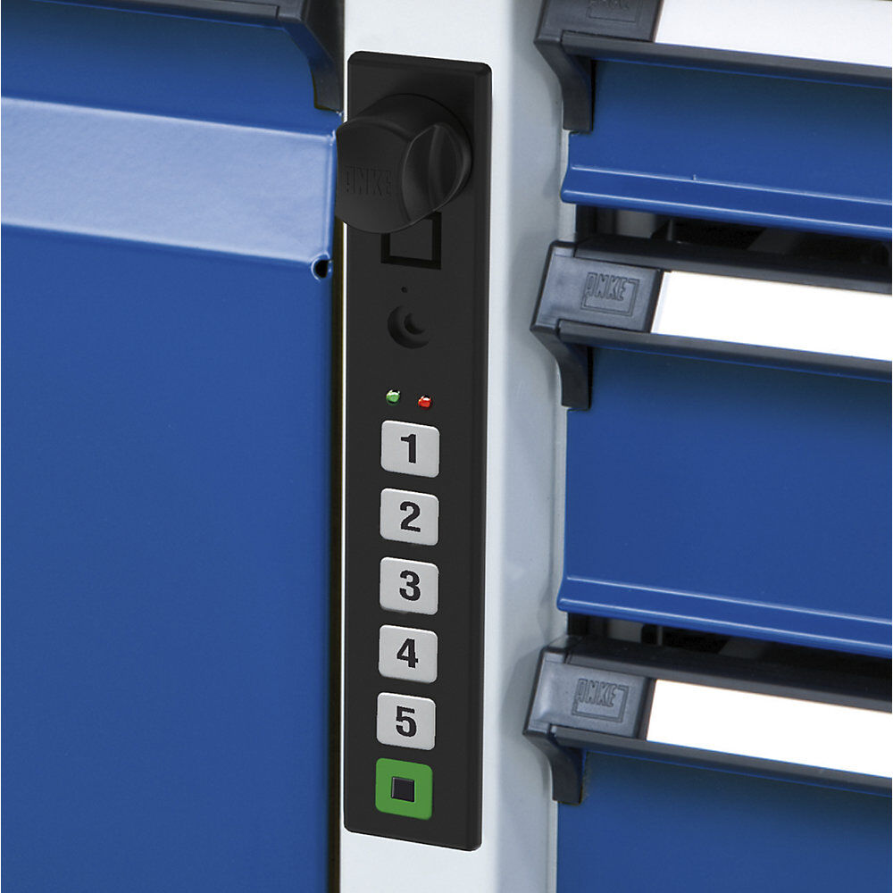 Werkbank, Gestellbauweise Serie V, 3 Schubladen, Tür 540 mm, Buche massiv, Vollauszug, PIN-Code-Schließung ANKE