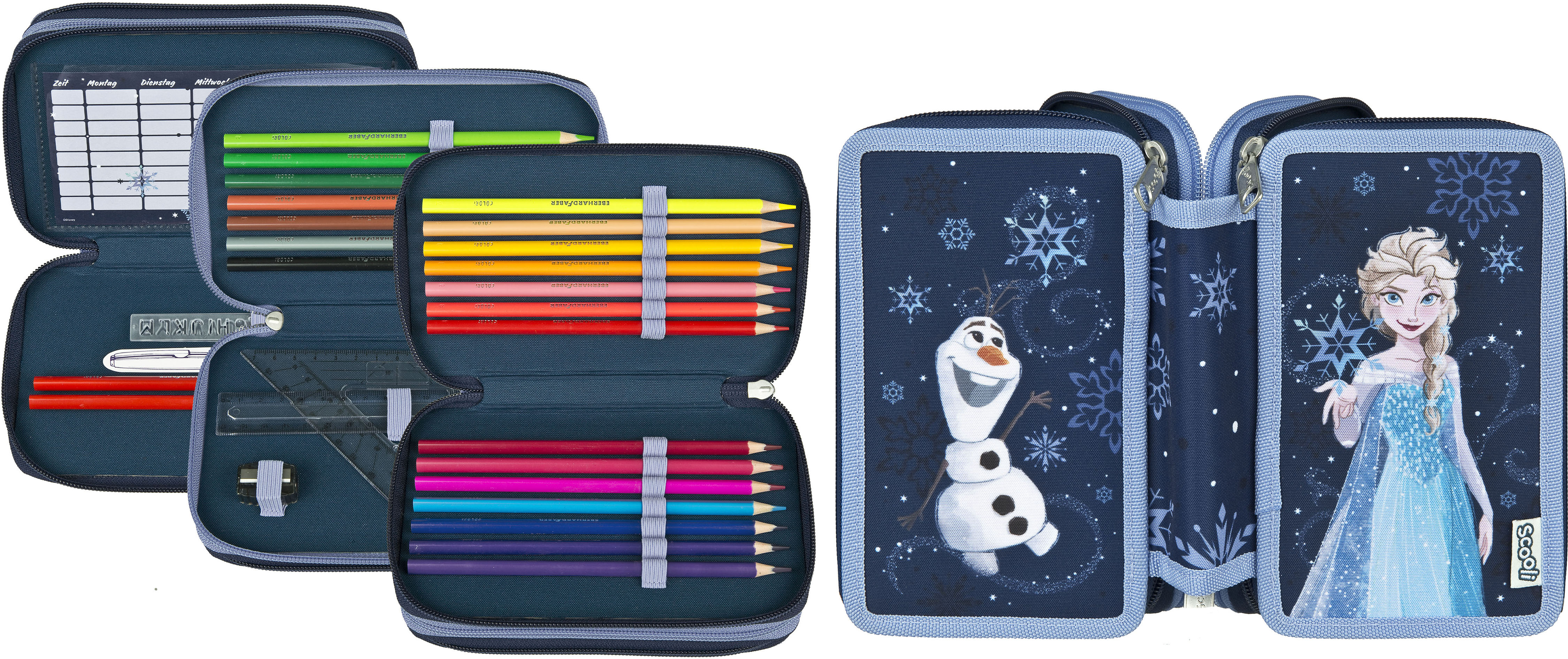 Federmäppchen SCOOLI "Tripledecker", Kinder, blau (frozen), Polyester, Schreibgeräteetuis Federmäppchen frozen Einheitsgröße