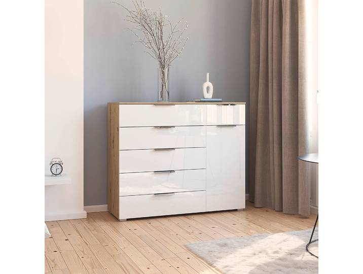 Commode x6+1 120 x 100 x 42cm Blanc/Blanc brillant/Imitation chêne Artisan Chrome