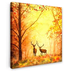 LEINWANDBILD Natur - Ölfarbe - Hirsche - Tiere - Herbst - Orange Deko Groß 90x90 cm
