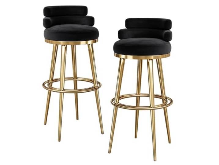 Guyifuny Barhocker für Esszimmer 2er Set Samt Metallgestell Fußstütze Weicher Samt, dichte Polsterung, niedrige Rückenlehne für bequemes Sitzen, Metallgestell mit Fußstütze(Black,29.5in Gold)
