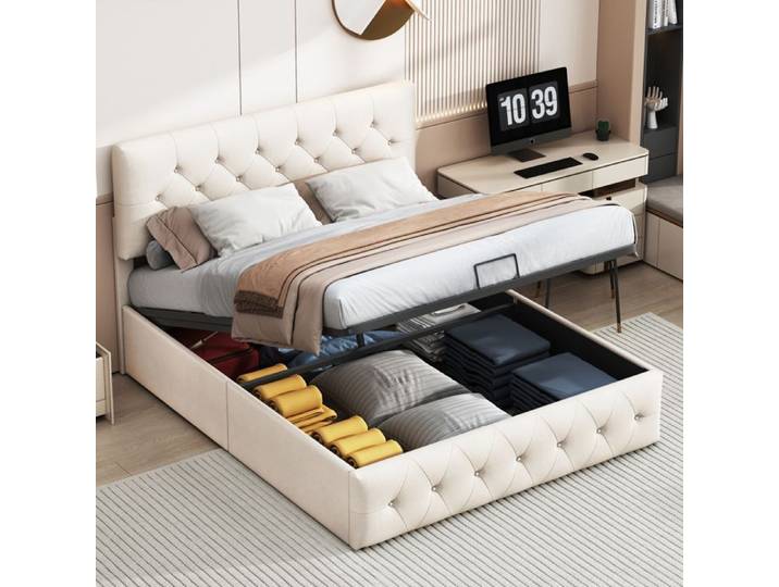 Lit coffre - SUNFECILI - 140x190 cm - Design moderne - Tissu en velours - Beige
