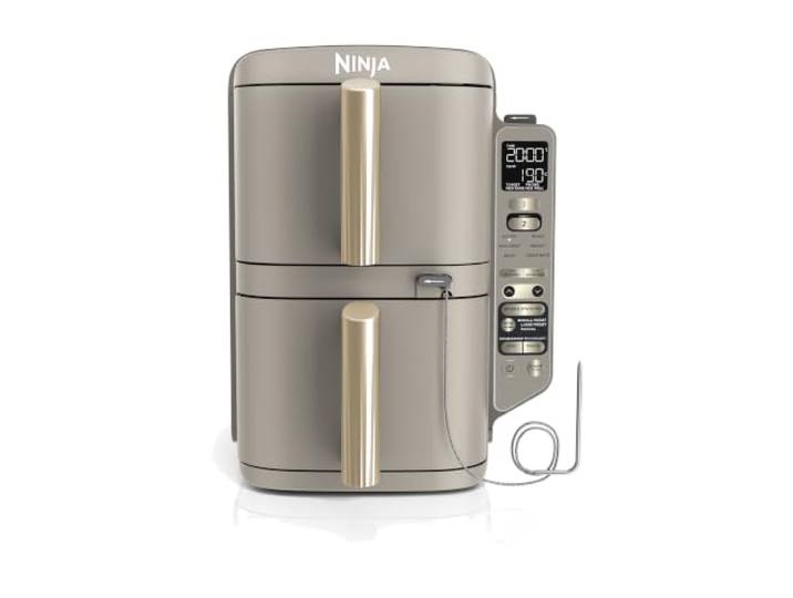 Ninja Double Stack XL-Heißluftfritteuse, 9,5 l, 6 Funktionen, Steingold Digitales Bratenthermometer, 2 vertikale Schubladen, 4 Ebenen, 2 Roste, 8 Portionen - SL451EUSD