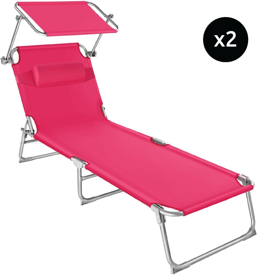 Tectake Lot de 2 transats rose vif Rose 190x65x68cm