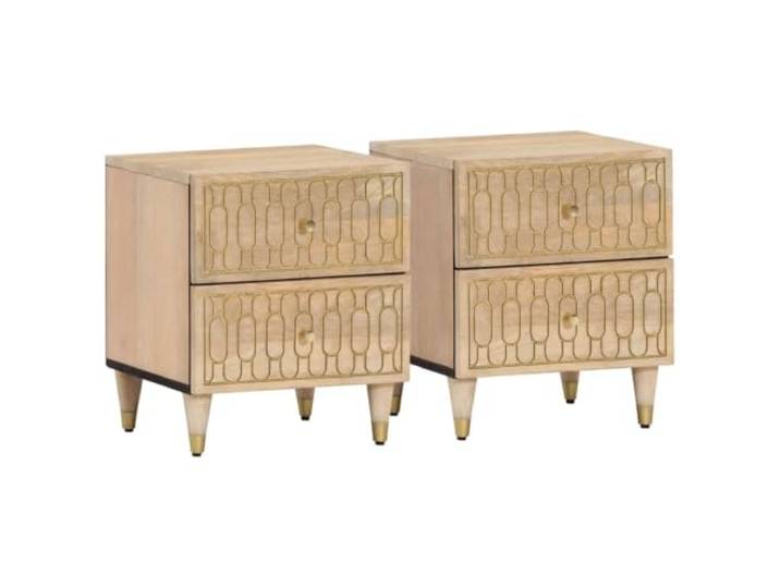 Tmriohed Nachttisch 2er Set 40x33x46 cm Mango Massivholz Elegantes 2-teiliges Beistellschrank Set für Schlafzimmer mit handgeschnitzten Mustern und zwei Schubladen.