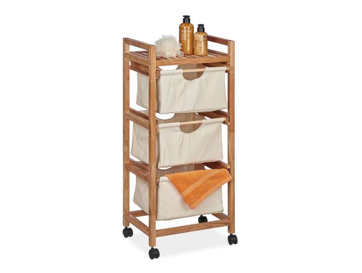 Relaxdays Badregal Beige Walnussholz 3 Stoffkörbe 96x43,5 cm, Mehrfarbig, Holz, 43.5x96x33.5 cm, Badezimmer, Badezimmerregale, Badregale
