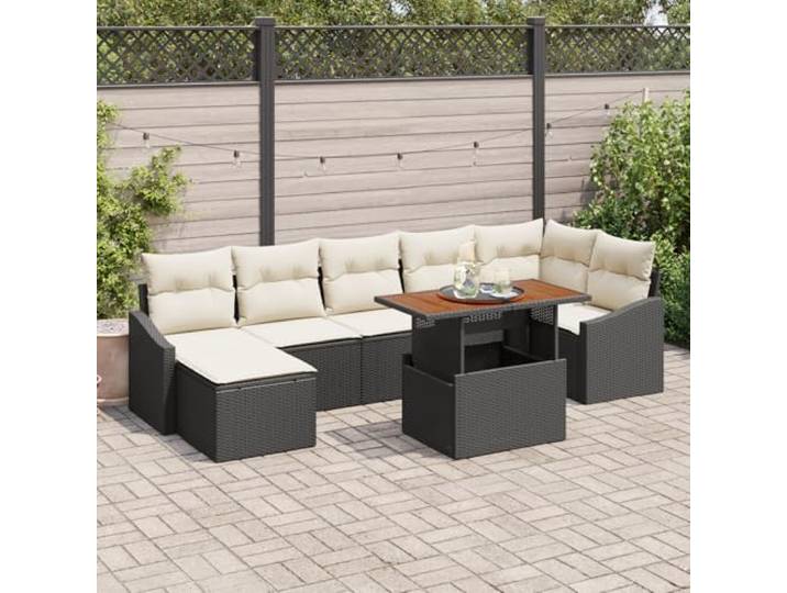 HEFZGDB 8-teiliges Garten-Esszimmer Set mit Kissen in Schwarz aus Poly-Rattan und Akazie, modulares Outdoor-Möbel für Terrasse und Balkon mit Stauraum und wetterfester Konstruktion,