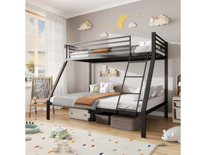 XINGNING Etagenbett Metall Familienbett mit Rausfallschutz, Sicherheitsleiter und Lattenrost, Stabile Konstruktion für Kinder, Jugendliche und Erwachsene (Black + Metal)
