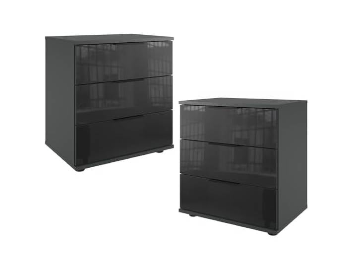 Lomadox Schlafzimmer Nachttisch Nachtschrank 2er Set 58cm hoch, Graphit mit schwarzem Glas