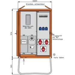 Walther Werke, Baustromverteiler, Anschlussverteiler WAV0100R1 22kVA Zählerpl.RCD Typ B 5 LS 3 CEE-Abg (3x, CEE 16/5, CEE 32/5, CEE 7/4)
