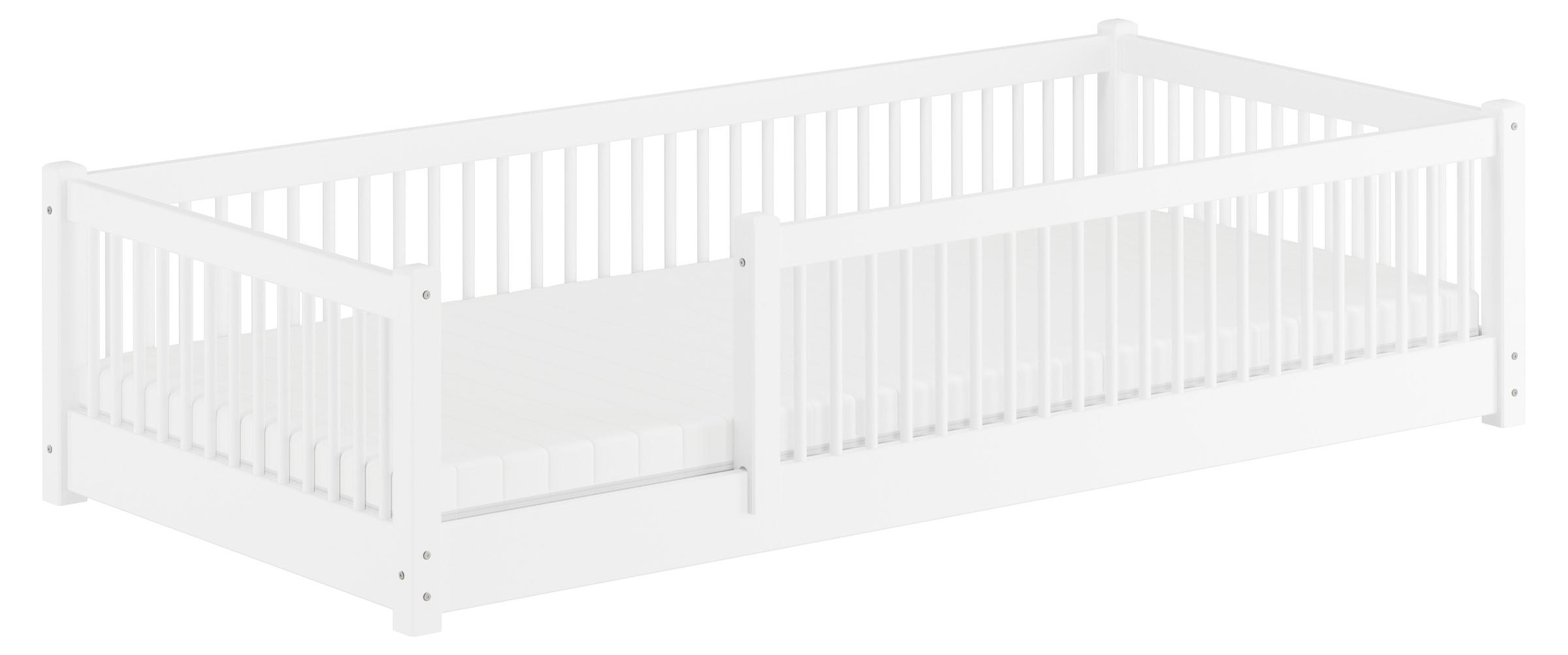 Kinderbett niedriges Bodenbett Kiefer weiß 80x180 Kleinkinder Laufstall ähnlich V-60.65W-08-180Rollrost und Matratze inkl.