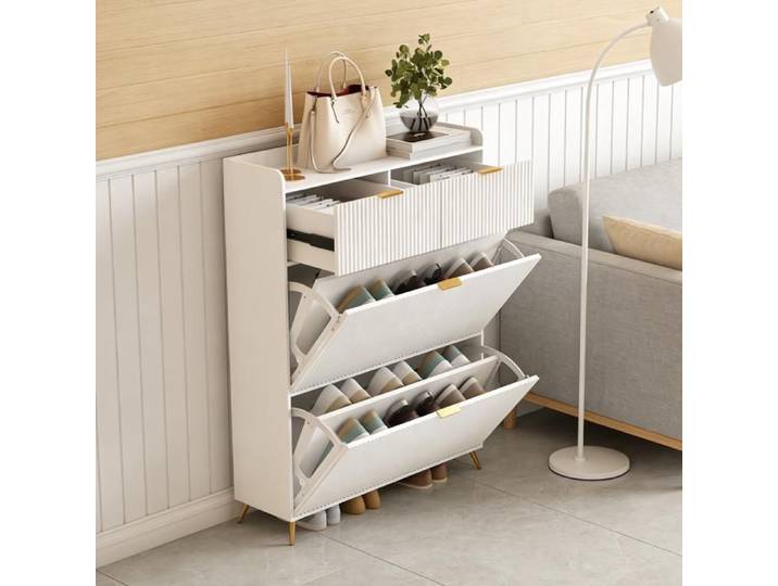 Meuble à Chaussures - COMANLAI - Armoire à chaussures - 2 abattants - 2 tiroirs - Blanc 80x24x110cm