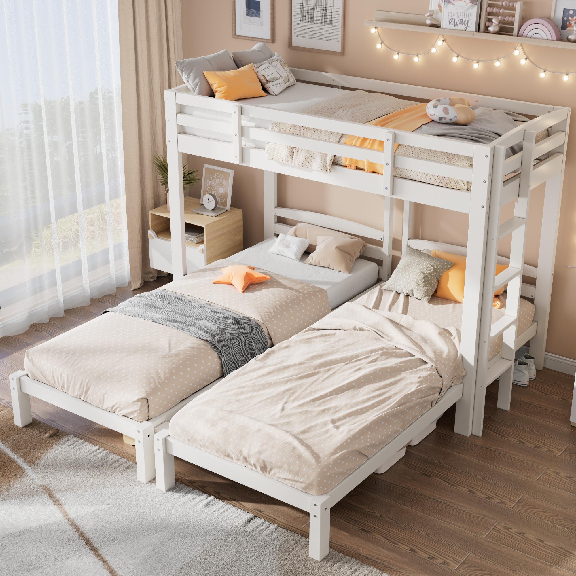 MODFU Dreifach-Etagenbett 90 × 200 Kinderbett für 3 Personen, Etagenbett mit Seitenleiter, Massivholz-Bettrahmen, 3 Schlafplätze, Weiß(ohne Matratze)