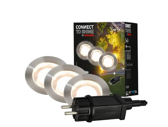 BRILONER - Connect to Shine 12V Gartensystem 3er Set LED Bodeneinbaustrahler, Basisset mit Trafo, IP67, warmweißes Licht, Gartenbeleuchtung, Bodeneinbauleuchten, 45x 25mm, Silberfarbig