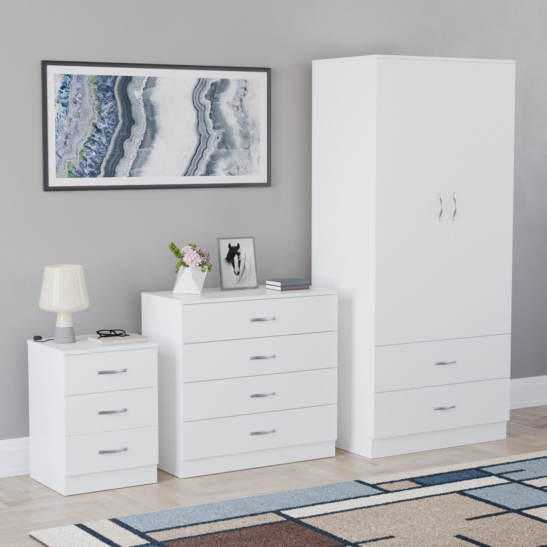 17 Stories Maybery 3 Piece Bedroom Set (3 Drawer Bedside Chest, 4 Drawer Chest, 2 Door 2 Drawer Wardrobe), (4) White