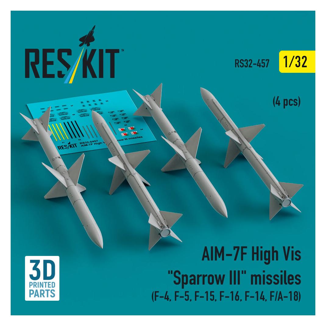 ResKit AIM-7F High Vis Sparrow III missiles (4 pcs) (F-4, F-5, F-15, F-16, F-14, F/A-18) (3D Printed) (RS32-0457)