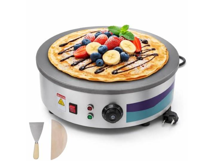 Crêpes Maker, 45 cm Gusseisen Platte, 220V 3000W Gastro Crepes Maschine mit Spatel & Teigschaber, 50–300°C einstellbar, Profi Crepeseisen für Restaurant, Imbiss & Zuhause