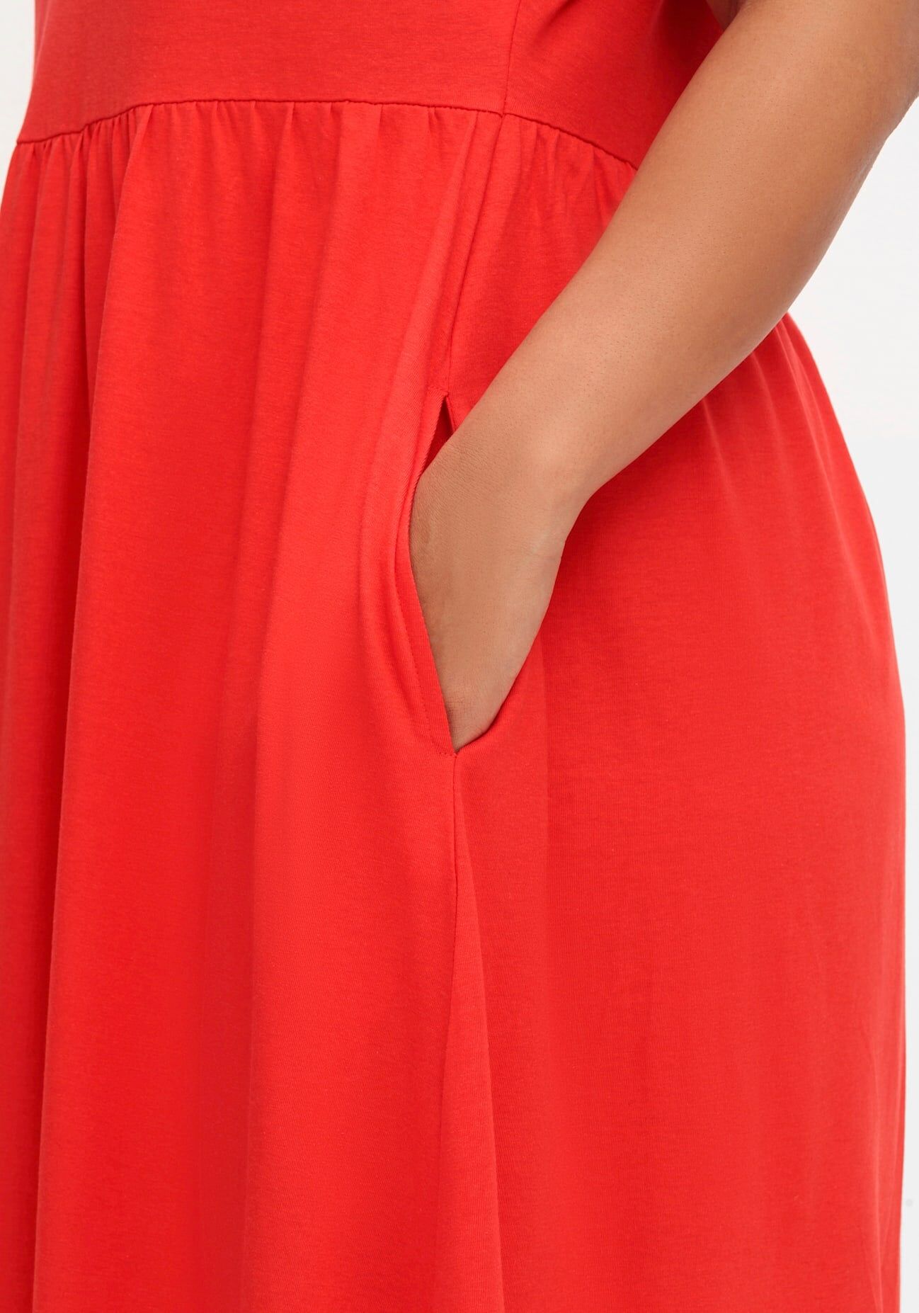 Jerseykleid SHEEGO "Jerseykleid", Damen, Gr. 46, Normalgrössen, rot, 50% Baumwolle, 50% Modal, unifarben, lang, V-Ausschnitt, Kleider Jerseykleid rot 46, Normalgrössen