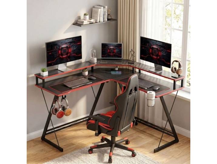 Bureau d'angle - ZEVKOR - Bureau d'angle avec support double écran - Support double écran - 2 prises et 2 ports USB - 128x128x88 cm