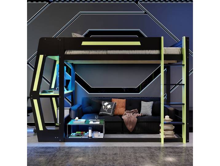 Lit mezzanine 1 place - ZEVKOR - Mezzanine 120x200 - Bureau intégré - Support PC & rangements - LED intégrée