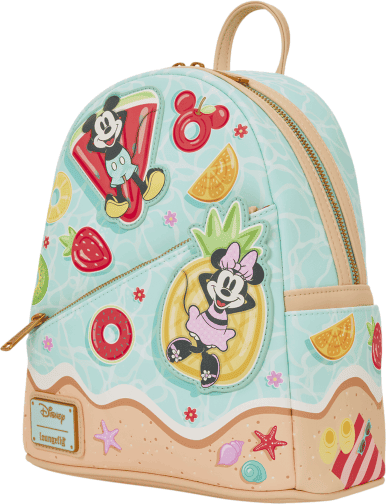 Loungefly Disney Mickey ; Minnie Beach Fun Mini Backpack - Official Disney Licensed, Polyurethane, Padded Applique, Adjustable Shoulder Straps