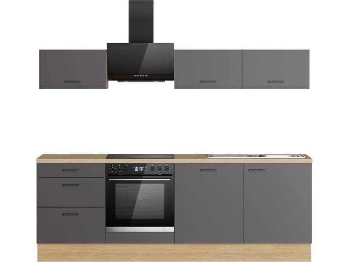 Küchenzeile KOCHSTATION KS-Sion Breite 240 cm , grau (küche: grau, korpus: eichefarben, arbeitsplatte: eichefarben hell), B:240cm H:186cm T:60cm, Komplettküchen-Sets, Küchenzeile, schnelle Montage OPTIsnap, wahlw. m.HANSEATIC-E-Geräten u.Stand Alone