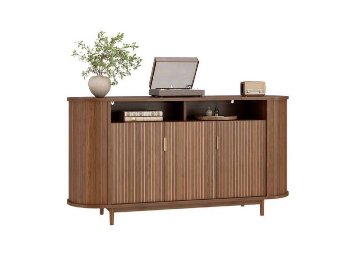 Fine Life Pro Sideboard Sideboard, 3 Türen, Holzoptik, Linien, Kiefernfüße, Moderne Anrichte & Stauraum für Wohnzimmer, stilvoll & praktisch