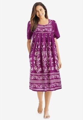 Plus Size Women's Bib-Front Short Sleeve Short Lounger by Only Necessities in Boysenberry Floral (Size 1X)