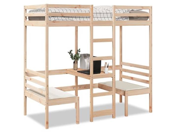 RJPLMFV Hochbett, 90 x 190 cm, massives Kiefernholz, mit Schreibtisch und Stühlen
