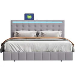 Polsterbett 140x200 cm mit LED-Beleuchtung und versteckten Bettfüßen – modernes Design und hoher Komfort Grau