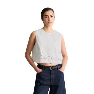 Blusentop MARC O'POLO DENIM "mit Broderie Anglaise", Damen, Gr. S, silky weiß, Obermaterial: 100% Baumwolle, unifarben, regular fit bauchfrei, Blusen Blusentop
