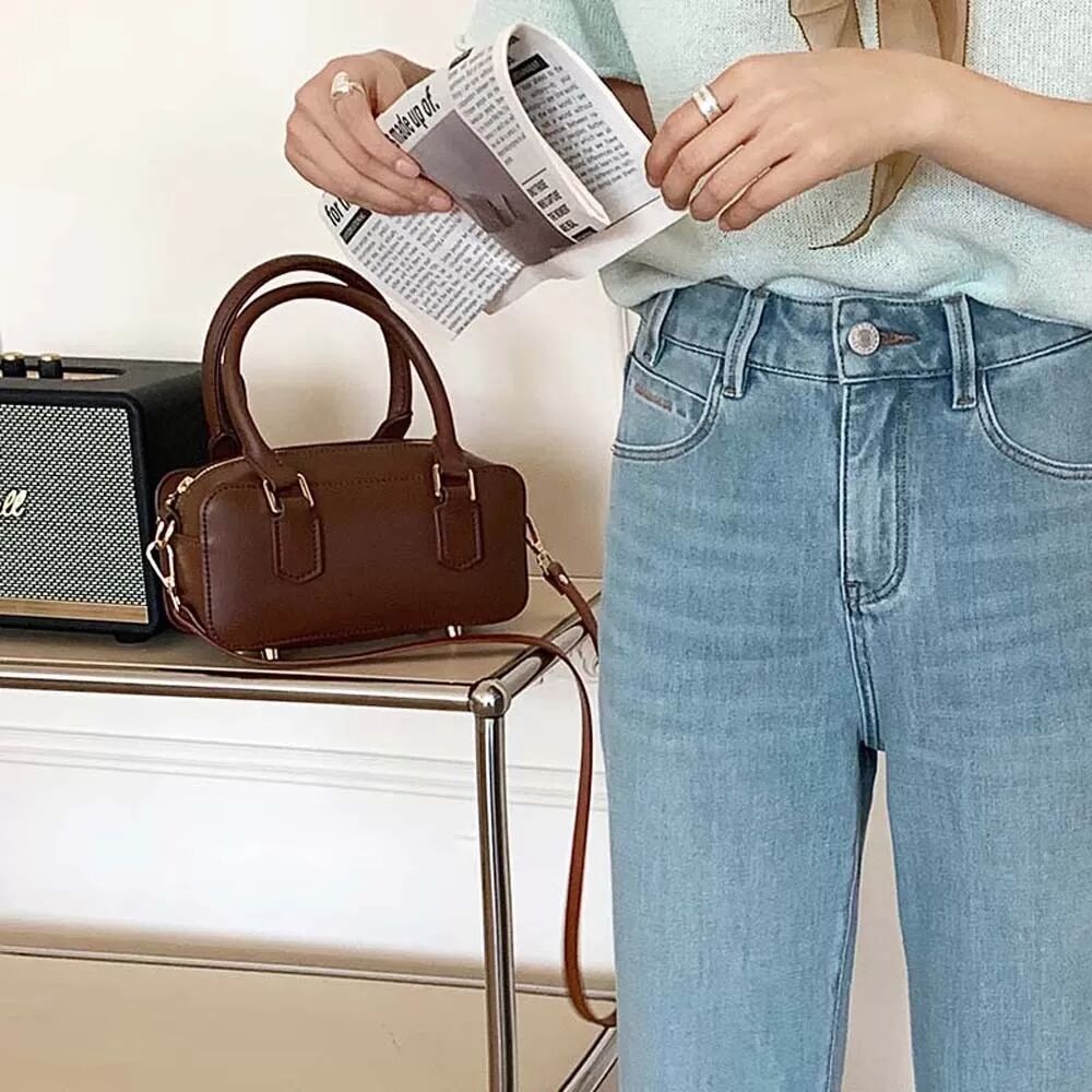 INF Echtes Leder Damenhandtasche DIY Bowling Bag L Dunkelbraun
