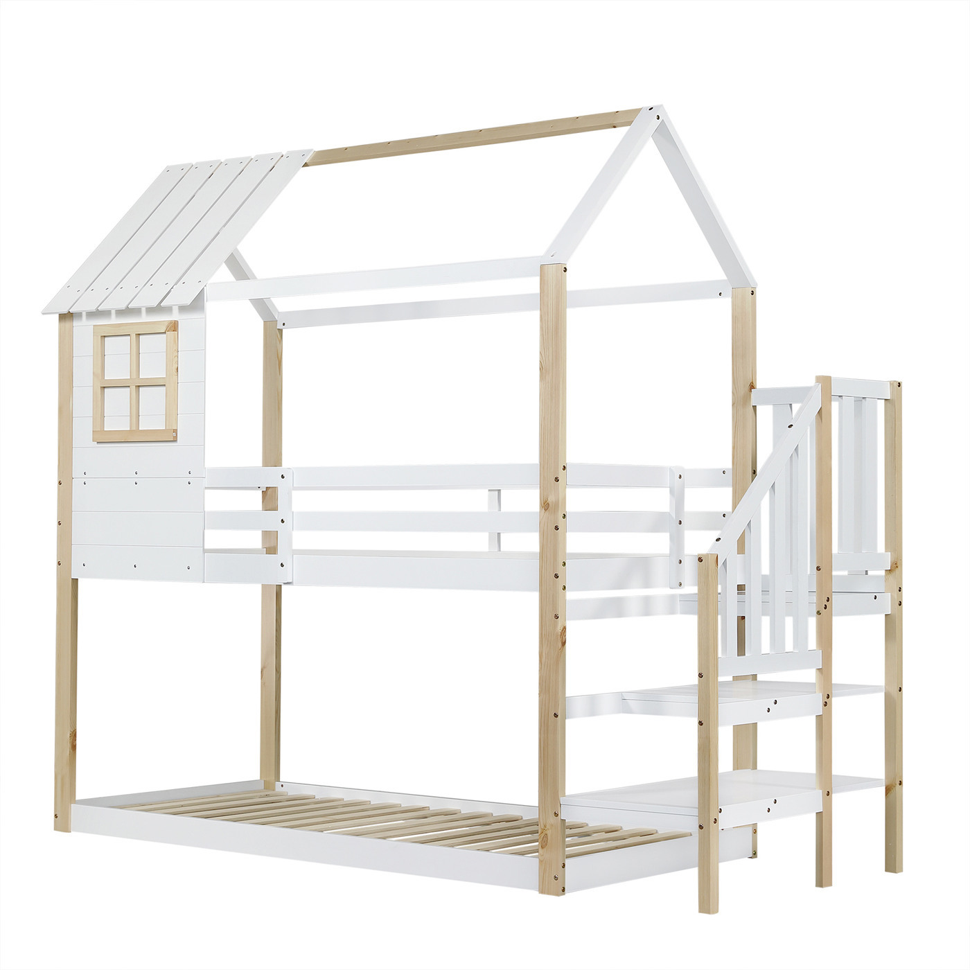 Etagenbett, Bett mit Ecktreppe, Hausbett, Kinderbett mit Fallschutz und Gitter, mit Fenster, Einzigartiges Dachdesign, Kiefer+MDF