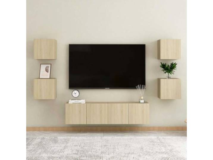 HEFZGDB 6-TLG. TV-Schrank-Set Sonoma-Eiche Holzwerkstoff mit Wandmontage und Staufächern für Wohnzimmer Aufbewahrung