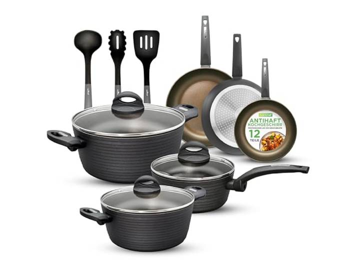 NutriChef 12-teiliges Topfset & Pfannenset Induktion – Pots & Pans Sets – Umfangreiches Kochtopf Set beinhaltet Töpfe Induktion geeignet & Pfannen Induktion geeignet, beschichtete Kochgeschirr Set