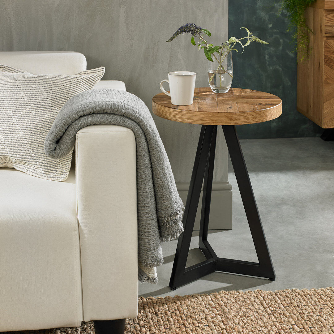 Borough Wharf Stoltzfus Solid Wood Top Cross Legs Round Side Table Rustic Oak 58cm H X 42cm W X 42cm D