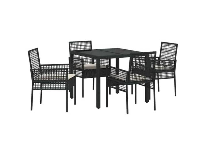 PUGYNBK Garten-Esszimmer-Set, 5-teilig, Schwarz, Polyrattan, gehärtetes Glas