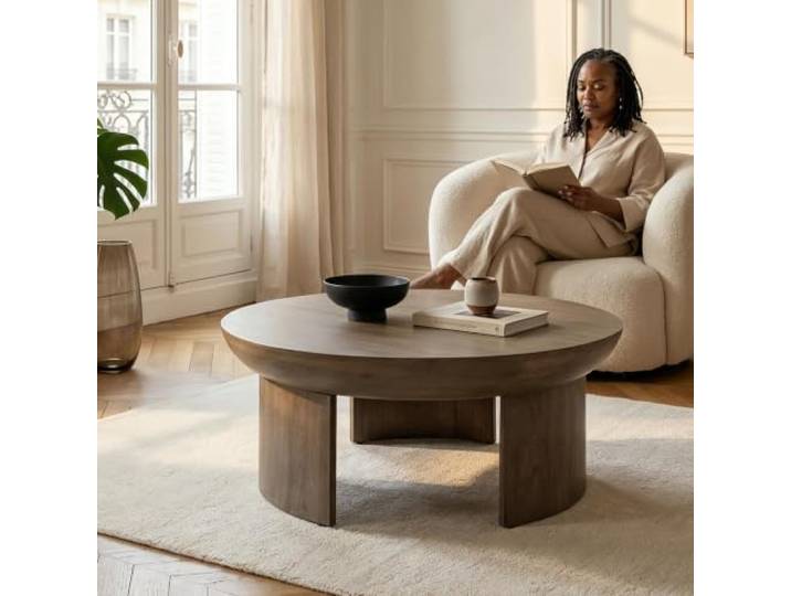 IDIMEX Couchtisch Kumasi rund 90 cm aus Mangoholz, Grau - Beistelltisch mit sichtbarer Maserung, ideal für Wohnzimmer, robuste Verarbeitung, skulpturale Optik, natürliches Design