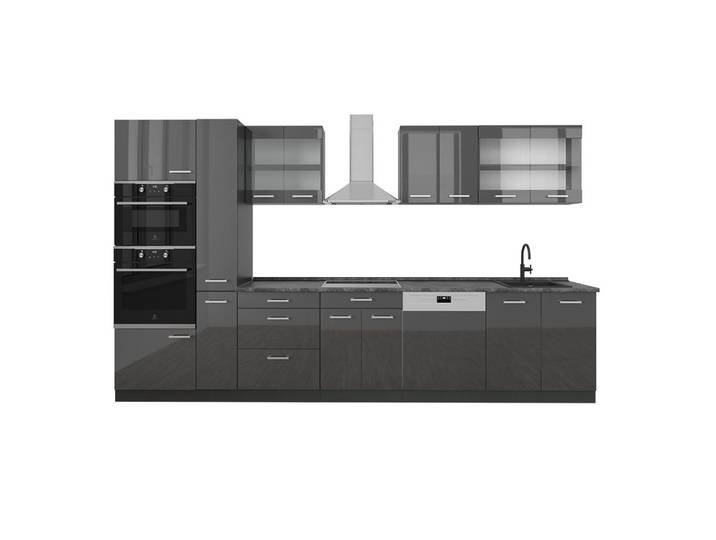 Vicco Küchenzeile R-Line, Anthrazit Hochglanz/Anthrazit, 350 cm, AP Anthrazit