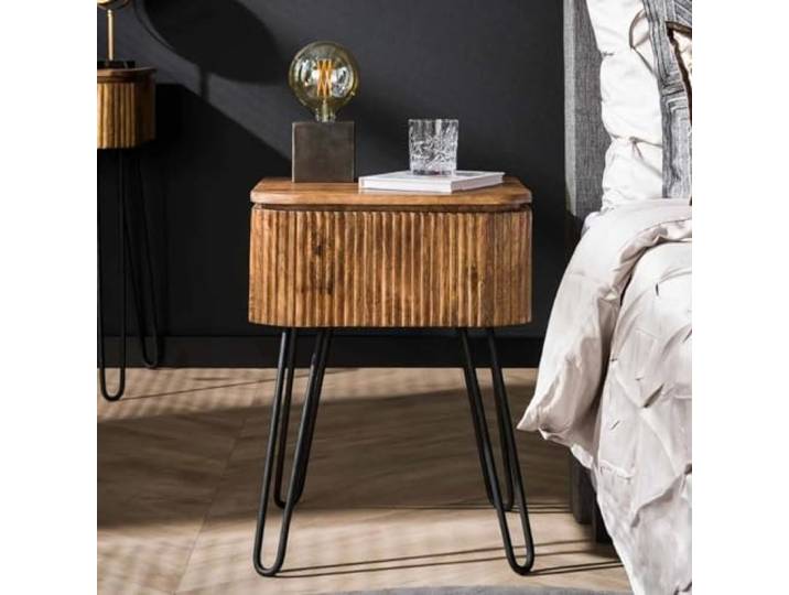 RINGO Living Massivholz Nachttisch mit Ablage & Schublade, Mangoholz Nachtschrank Vintage Style, Holz Metall Nachttisch
