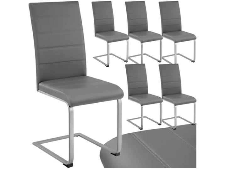 tectake Freischwinger Schwingstuhl, Stuhl 6er Set, Moderne Esszimmerstühle oder Küchenstühle mit strapazierfähigem Kunstleder Bezug - grau