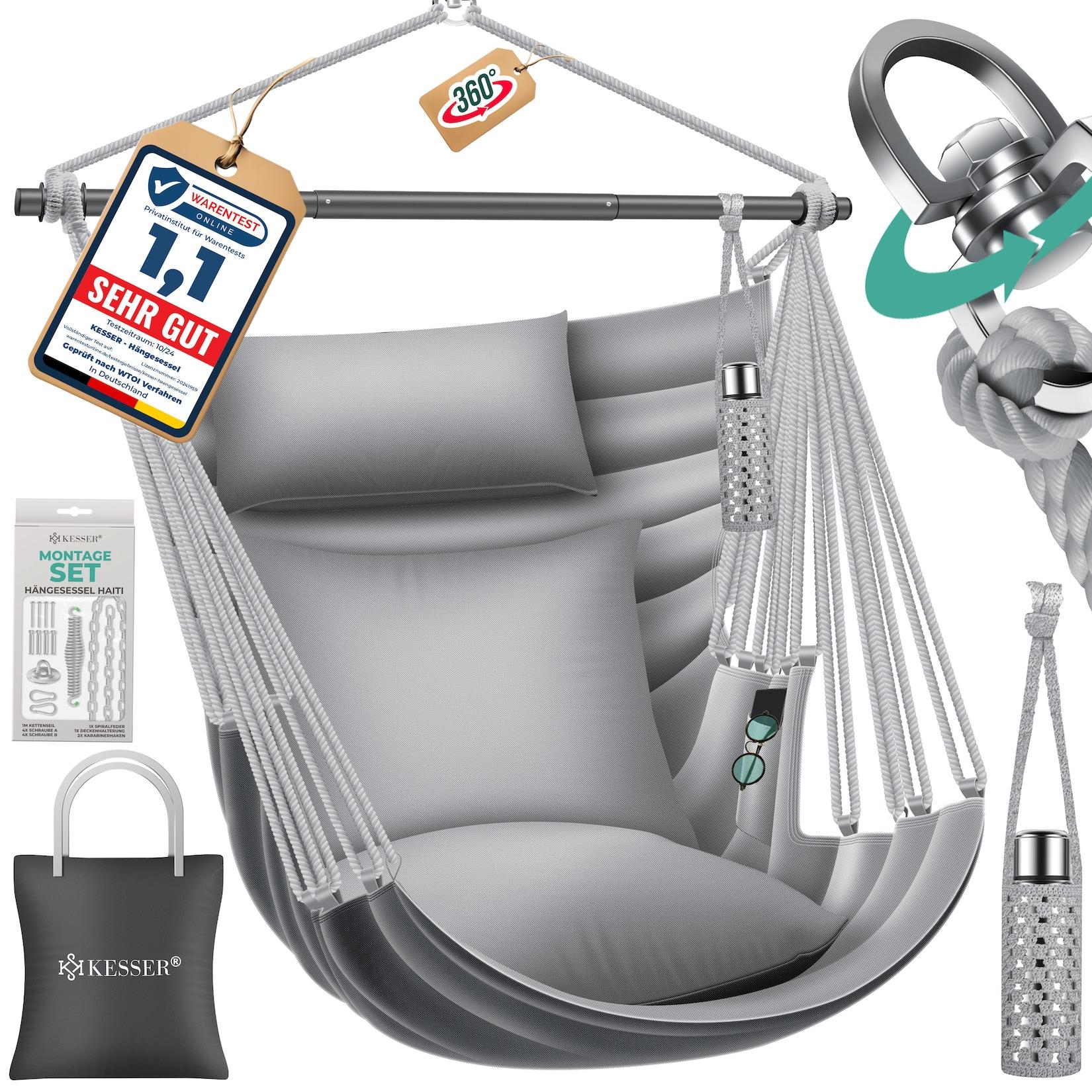 KESSER® Hängesessel Haiti 150kg Traglast, Hängestuhl 360° Drehung, Hängeschaukel Indoor-Outdoor UV-beständig & Wasserfest, Pflegeleicht, Inkl. 2 Kissen, Tragetasche, Flaschenhalter & Montage-Set