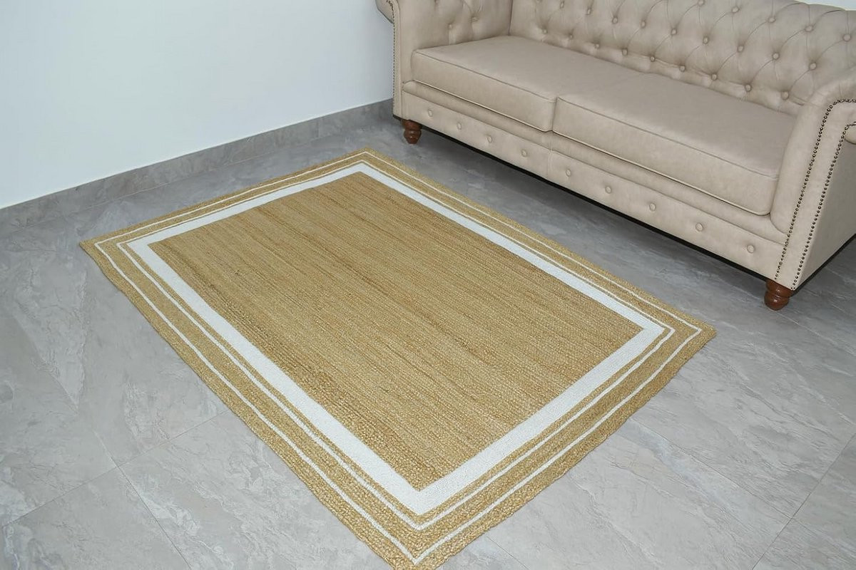 Handgeweven gestreept jute vloerkleed in natuurlijk met off-white lijn, rechthoekig