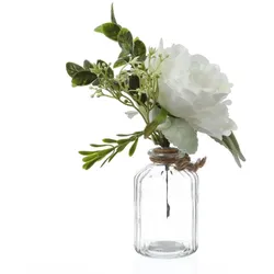MARELIDA Kunstblumenstrauß Pfingstrose und Hortensie in Mini Glasvase weiß