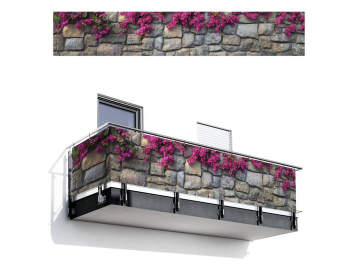 MuchoWow Balkon-Sichtschutz Bougainvillea - Steinmauer - Rosa, Magenta, Kunststoff, Rechteckig, 500x85 cm, Sonnenschutz, Sichtschutz